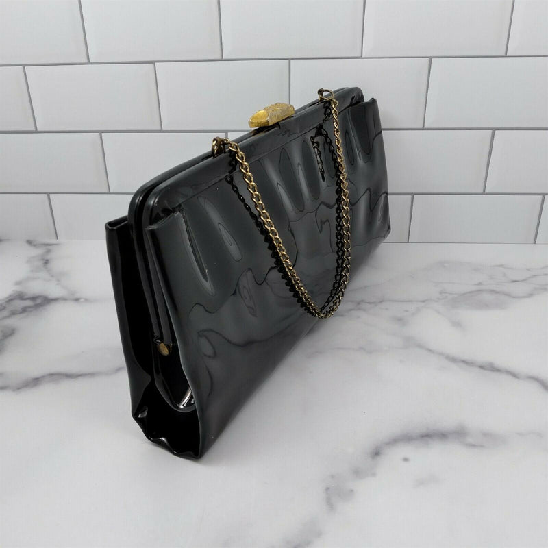 Load image into Gallery viewer, Vintage Ladies Cocktail Evening Handbag Purse Glossy Black Hand Clutch and Chain