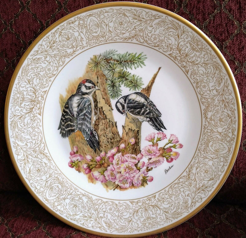 Load image into Gallery viewer, Boehm Plate Woodland Birds of America Downy Woodpecker w Flowering Cherry 10 5/8