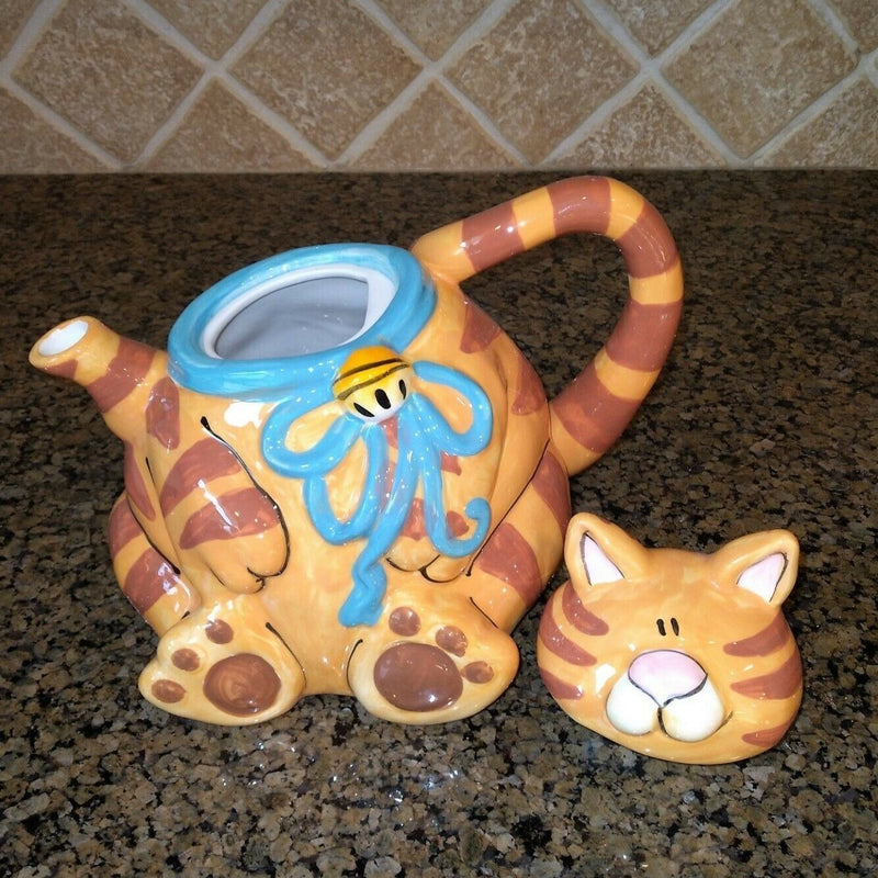 Load image into Gallery viewer, Orange Cat Teapot Animal Ceramics Decor by Blue Sky Clayworks Heather Goldminc