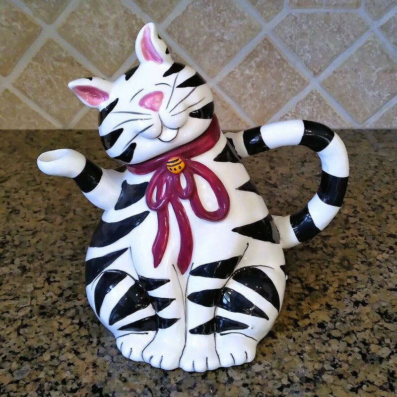 Load image into Gallery viewer, Black & White Cat Teapot Decorative Kitchen Decor Blue Sky by Heather Goldminc