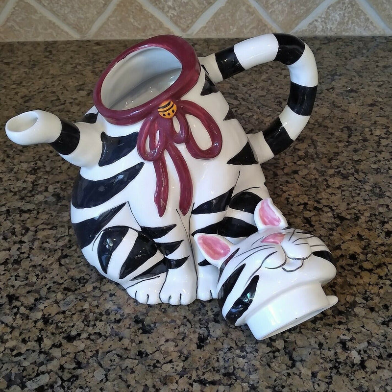 Load image into Gallery viewer, Black & White Cat Teapot Decorative Kitchen Decor Blue Sky by Heather Goldminc