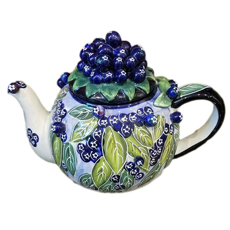 Load image into Gallery viewer, Blueberry Teapot Ceramic Floral Embossed Decor Collectable Blue Sky Goldminic