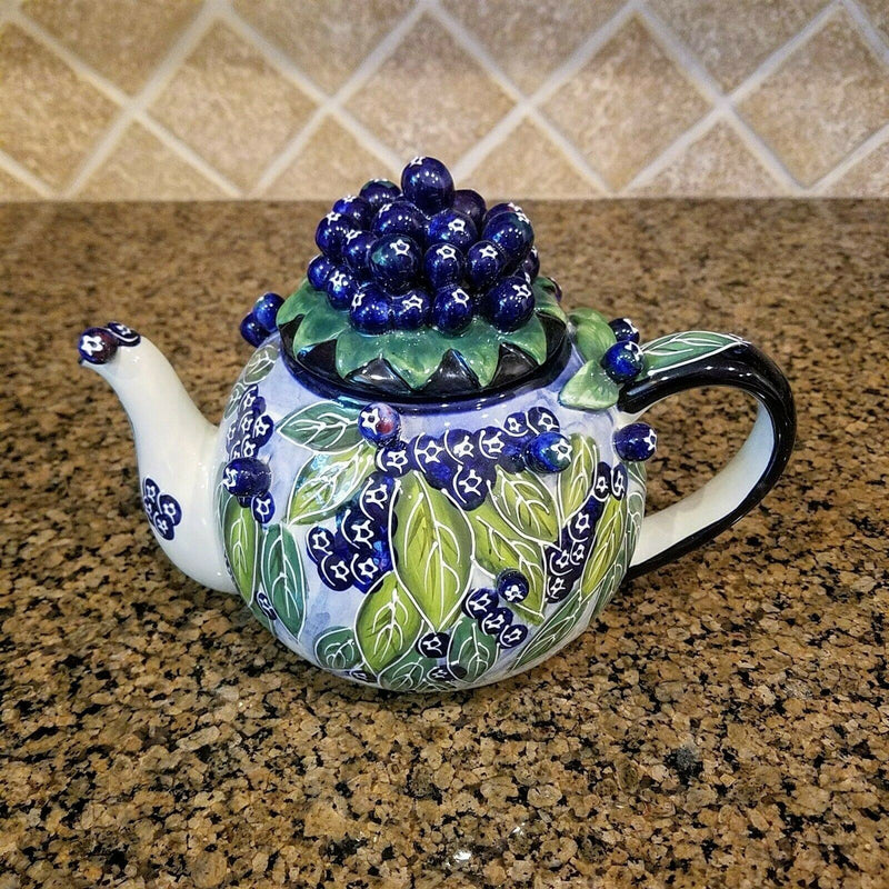 Load image into Gallery viewer, Blueberry Teapot Ceramic Floral Embossed Decor Collectable Blue Sky Goldminic
