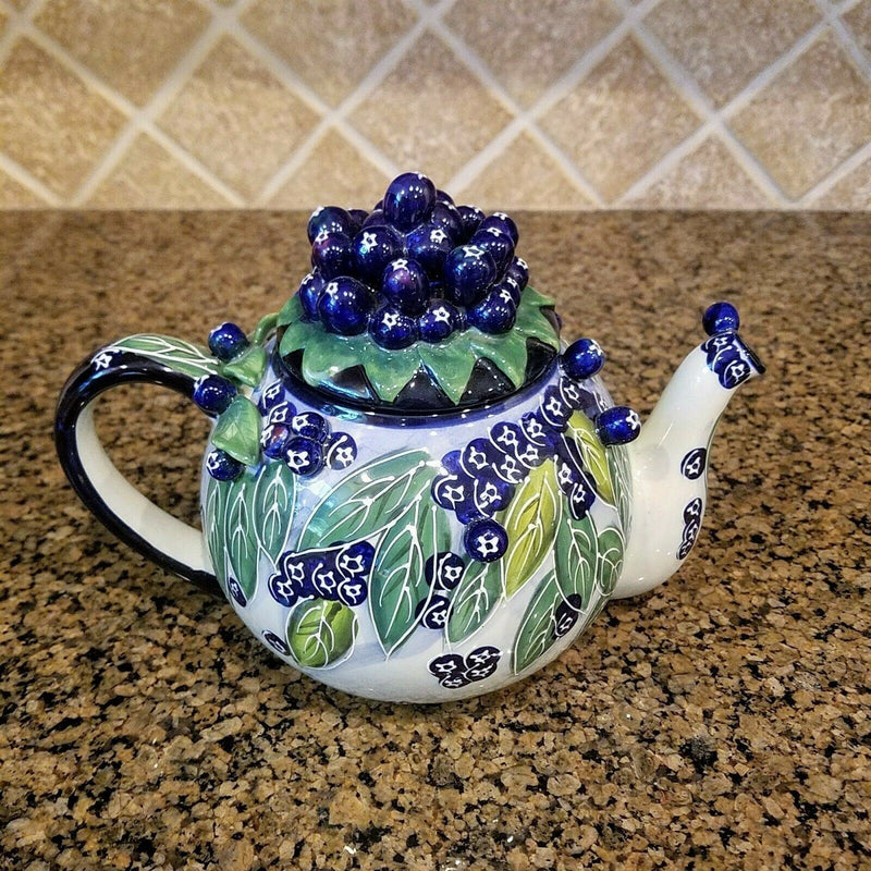 Load image into Gallery viewer, Blueberry Teapot Ceramic Floral Embossed Decor Collectable Blue Sky Goldminic