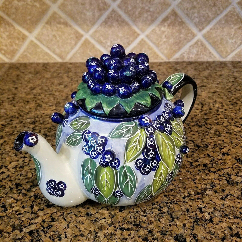 Load image into Gallery viewer, Blueberry Teapot Ceramic Floral Embossed Decor Collectable Blue Sky Goldminic