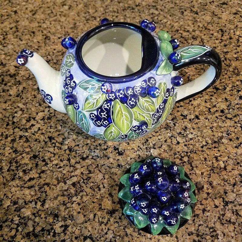 Load image into Gallery viewer, Blueberry Teapot Ceramic Floral Embossed Decor Collectable Blue Sky Goldminic