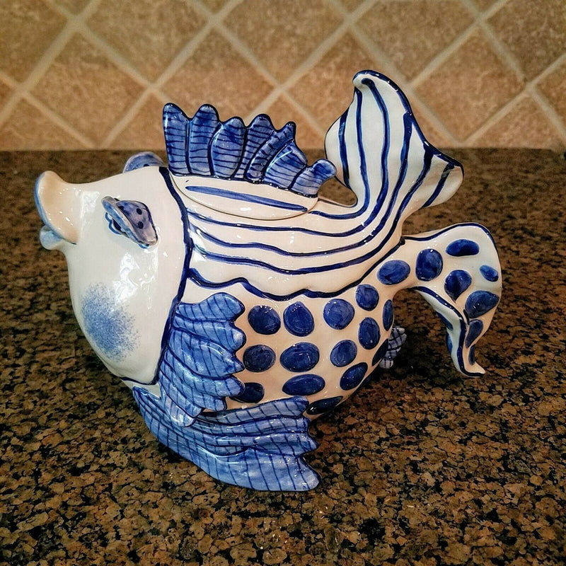 Load image into Gallery viewer, Delft Fish Teapot Ceramic Decorative Kitchen Decor New Blue Sky Diane Artware