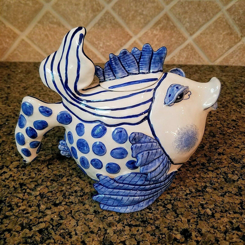 Load image into Gallery viewer, Delft Fish Teapot Ceramic Decorative Kitchen Decor New Blue Sky Diane Artware
