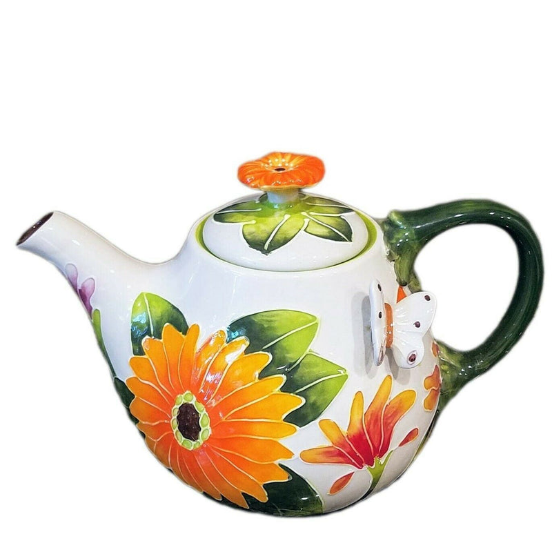 Load image into Gallery viewer, Gerbera Daisy Teapot Flower Garden Orange Ceramic Tea Pot by Blue Sky Goldminc