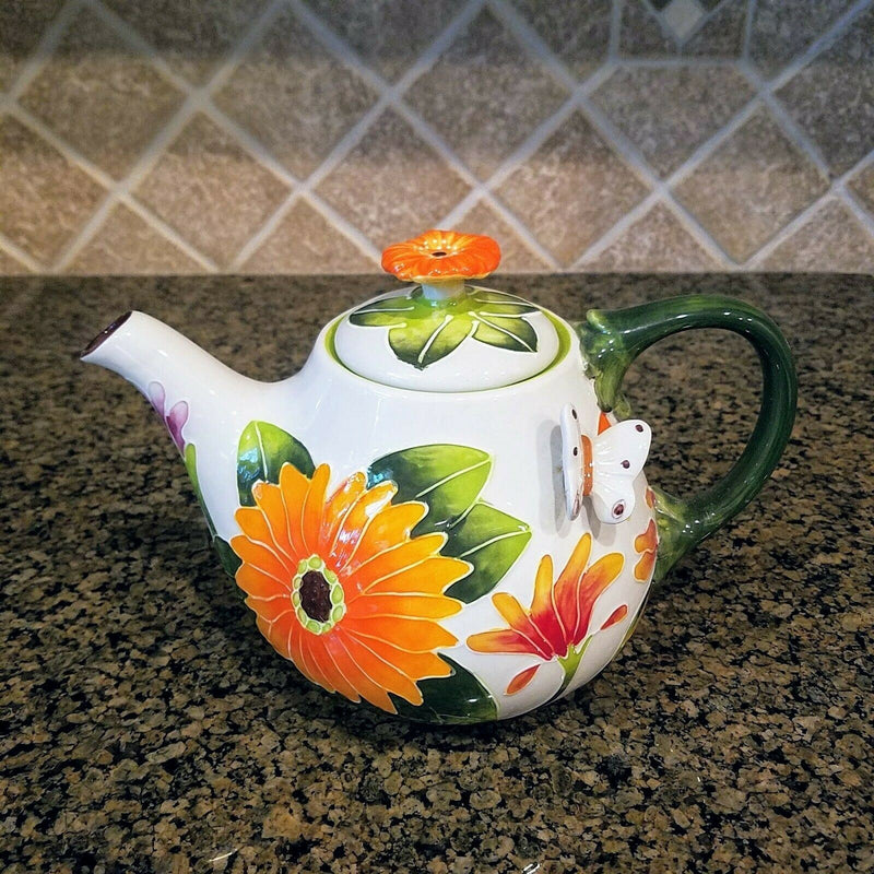 Load image into Gallery viewer, Gerbera Daisy Teapot Flower Garden Orange Ceramic Tea Pot by Blue Sky Goldminc