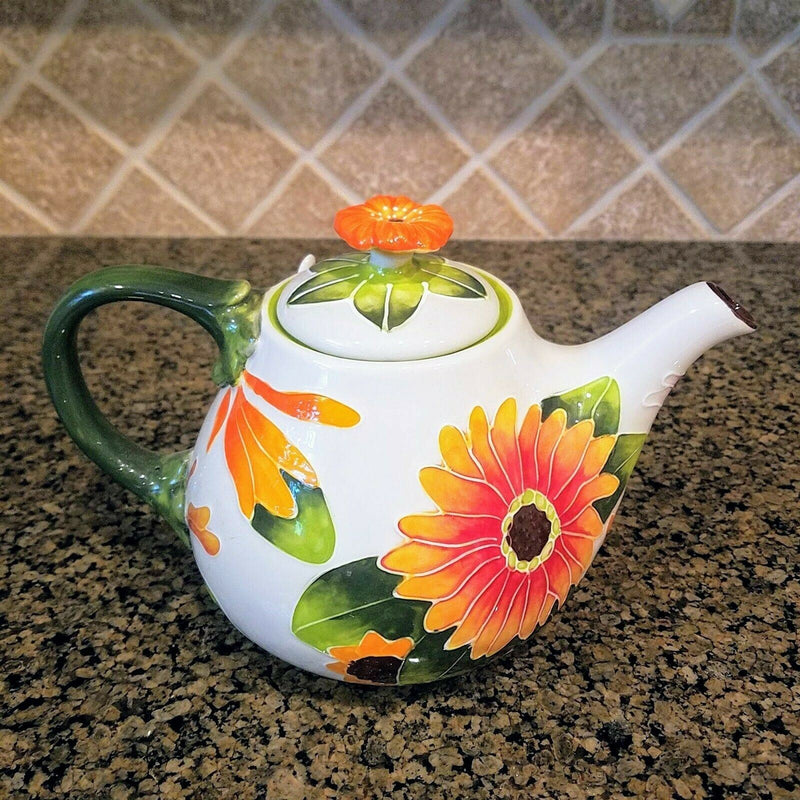 Load image into Gallery viewer, Gerbera Daisy Teapot Flower Garden Orange Ceramic Tea Pot by Blue Sky Goldminc