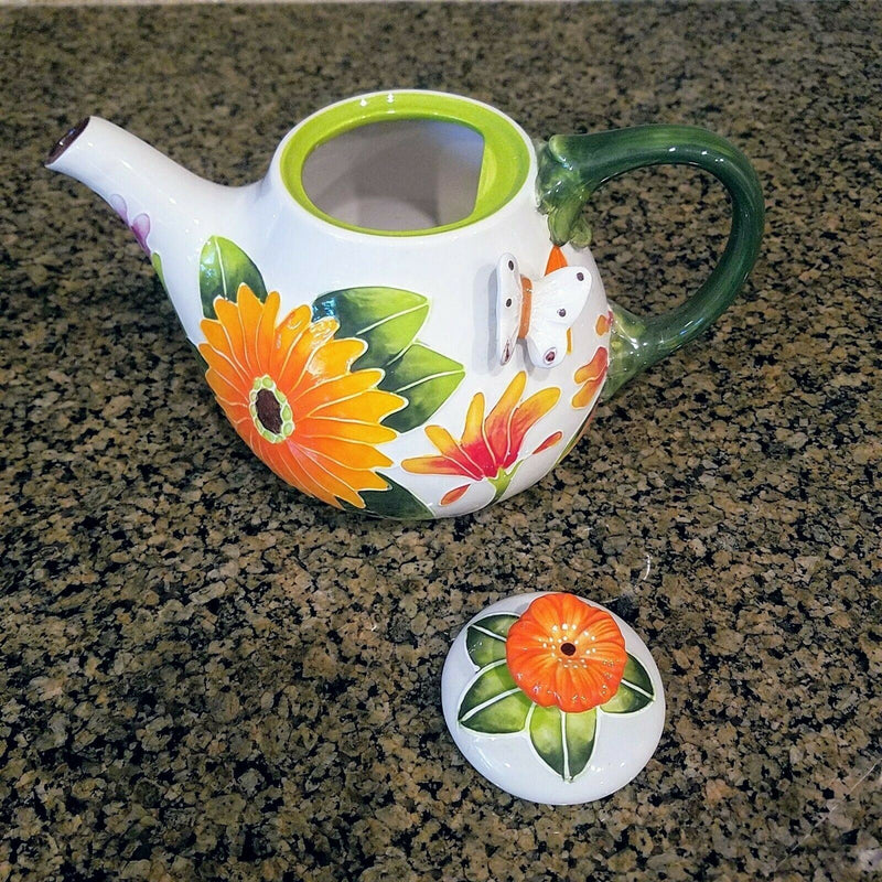 Load image into Gallery viewer, Gerbera Daisy Teapot Flower Garden Orange Ceramic Tea Pot by Blue Sky Goldminc