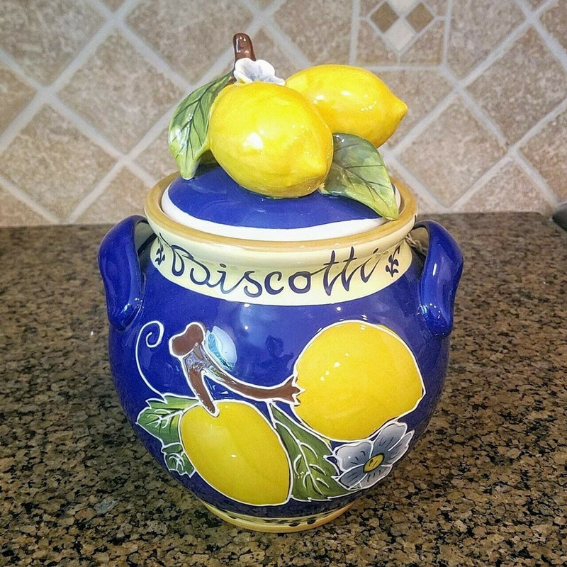 Load image into Gallery viewer, Lemon Cookie Jar Kitchen Biscotti Canister by Blue Sky Heather Goldminc