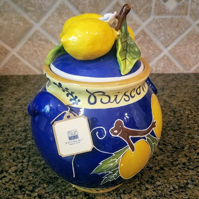 Load image into Gallery viewer, Lemon Cookie Jar Kitchen Biscotti Canister by Blue Sky Heather Goldminc