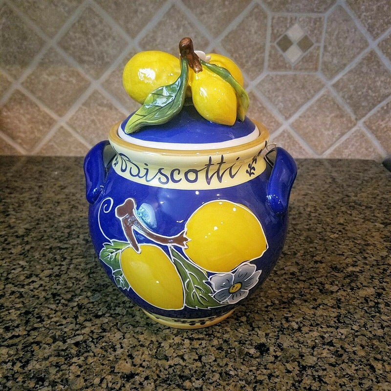 Load image into Gallery viewer, Lemon Cookie Jar Kitchen Biscotti Canister by Blue Sky Heather Goldminc