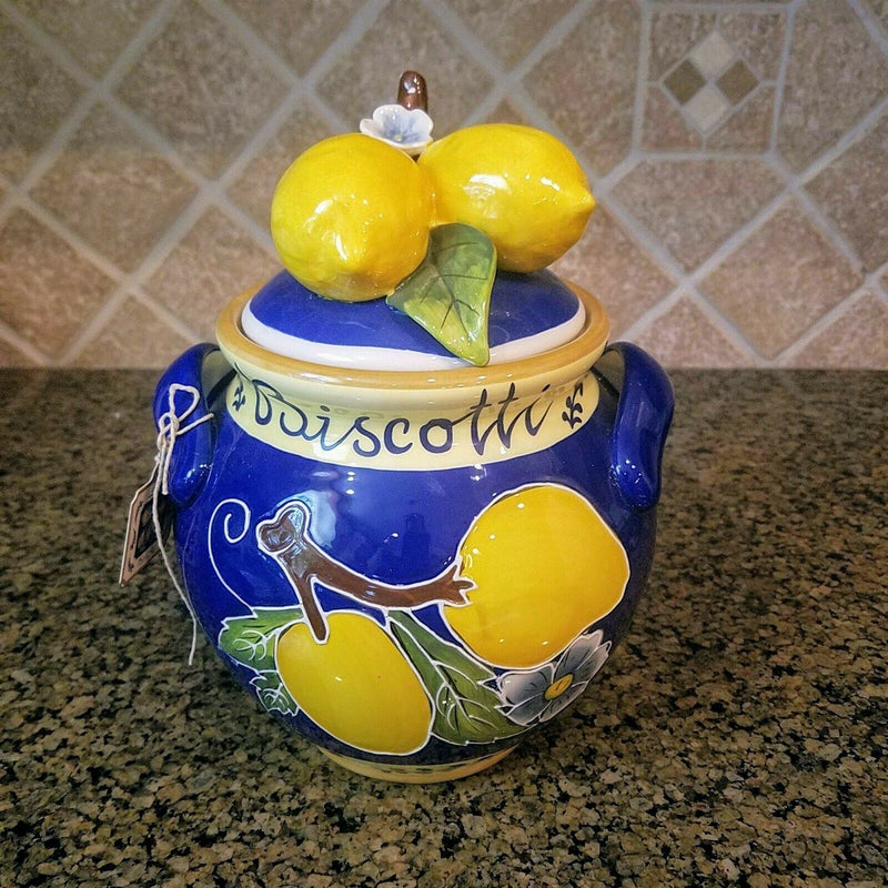 Load image into Gallery viewer, Lemon Cookie Jar Kitchen Biscotti Canister by Blue Sky Heather Goldminc