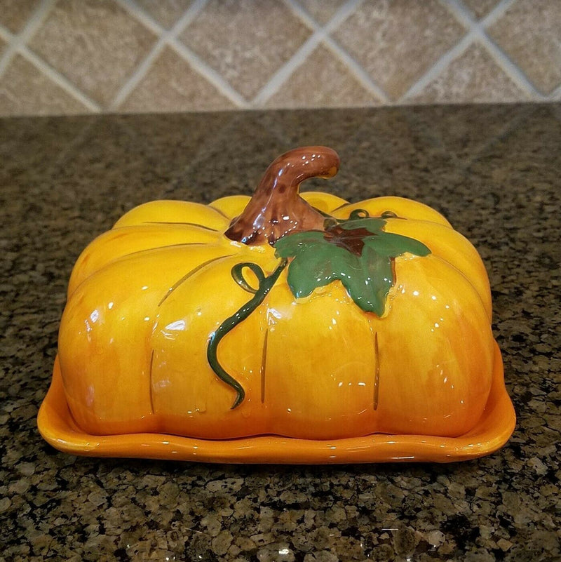 Load image into Gallery viewer, Pumpkin Halloween Butter Dish Ceramic Blue Sky Heather Goldminc Kitchen Decor