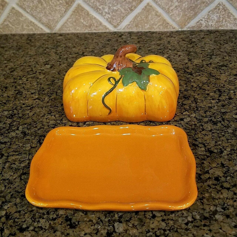 Load image into Gallery viewer, Pumpkin Halloween Butter Dish Ceramic Blue Sky Heather Goldminc Kitchen Decor