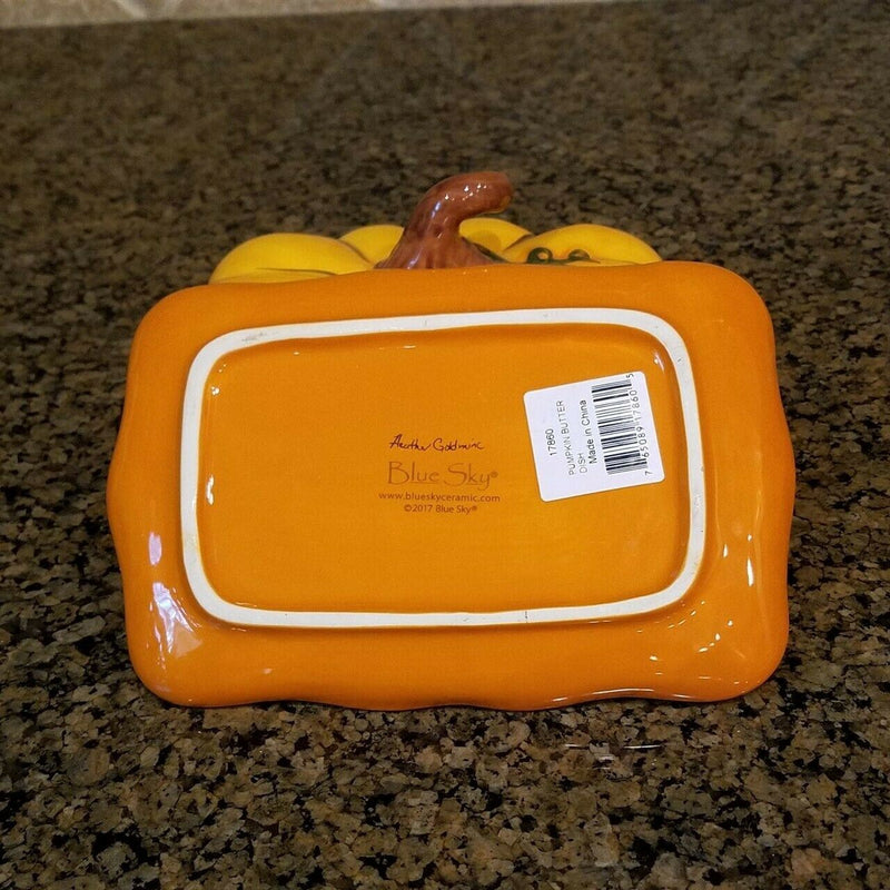 Load image into Gallery viewer, Pumpkin Halloween Butter Dish Ceramic Blue Sky Heather Goldminc Kitchen Decor
