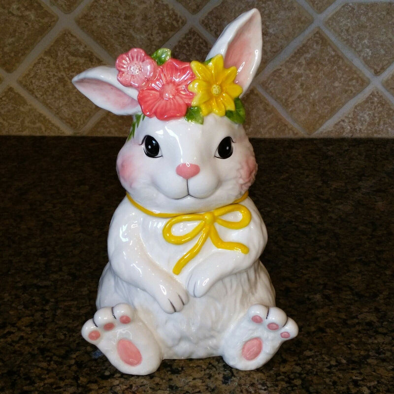 Load image into Gallery viewer, Floral Bunny Treat Jar Decorative Easter Home Décor Blue Sky Clayworks