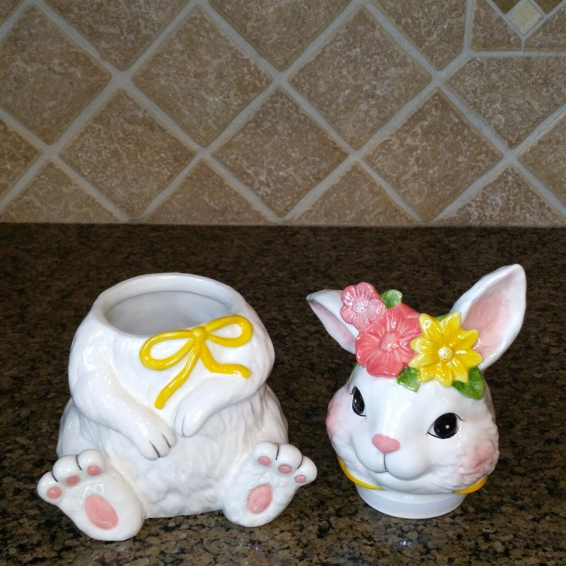 Load image into Gallery viewer, Floral Bunny Treat Jar Decorative Easter Home Décor Blue Sky Clayworks