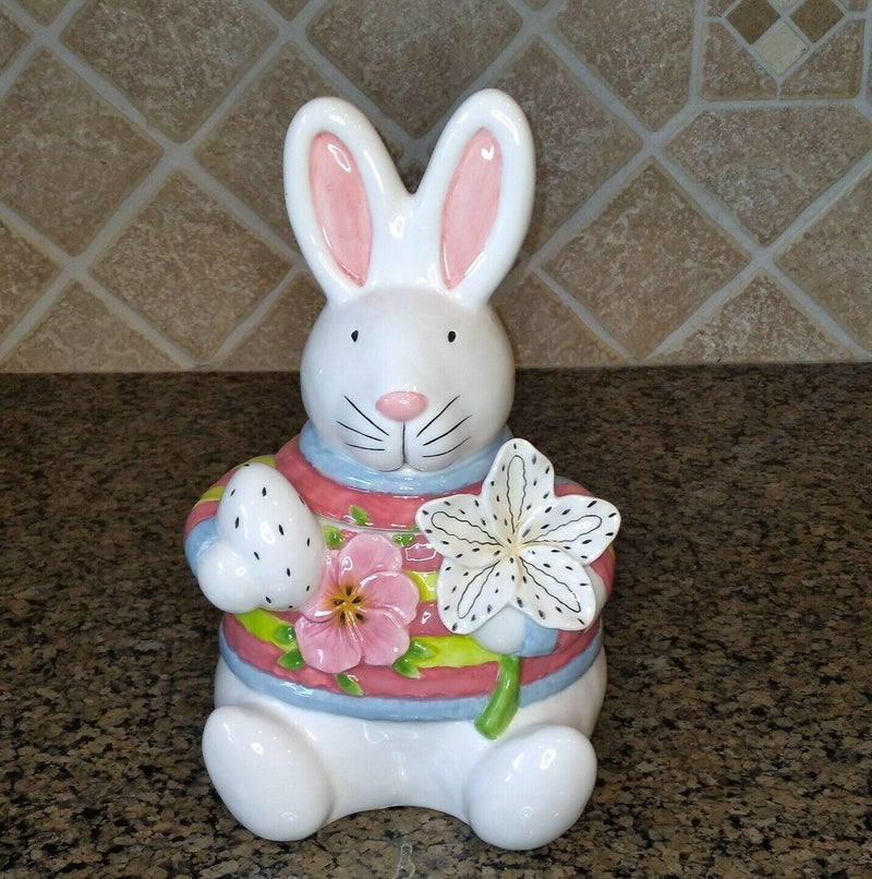 Load image into Gallery viewer, White Floral Bunny Treat Jar Decorative Easter Home Décor by Blue Sky Clayworks