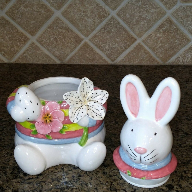 Load image into Gallery viewer, White Floral Bunny Treat Jar Decorative Easter Home Décor by Blue Sky Clayworks