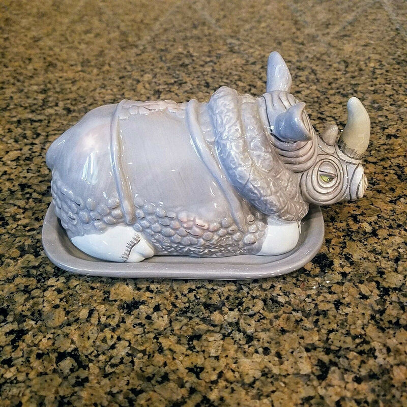 Load image into Gallery viewer, Rhino Butter Dish Ceramic Blue Sky Heather Goldminc Kitchen Decor New