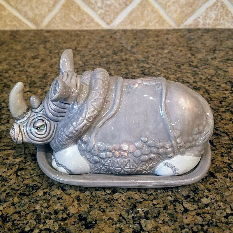 Load image into Gallery viewer, Rhino Butter Dish Ceramic Blue Sky Heather Goldminc Kitchen Decor New