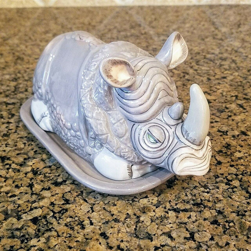 Load image into Gallery viewer, Rhino Butter Dish Ceramic Blue Sky Heather Goldminc Kitchen Decor New