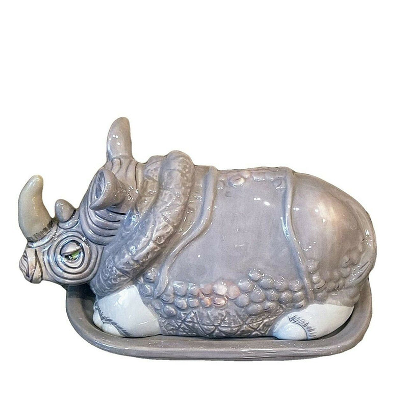 Load image into Gallery viewer, Rhino Butter Dish Ceramic Blue Sky Heather Goldminc Kitchen Decor New