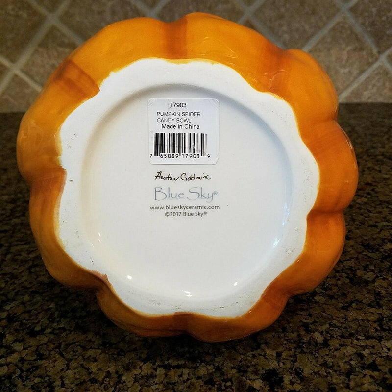 Load image into Gallery viewer, Pumpkin Halloween Spider Candy Bowl Ceramic Blue Sky Kitchen Decor Collectable