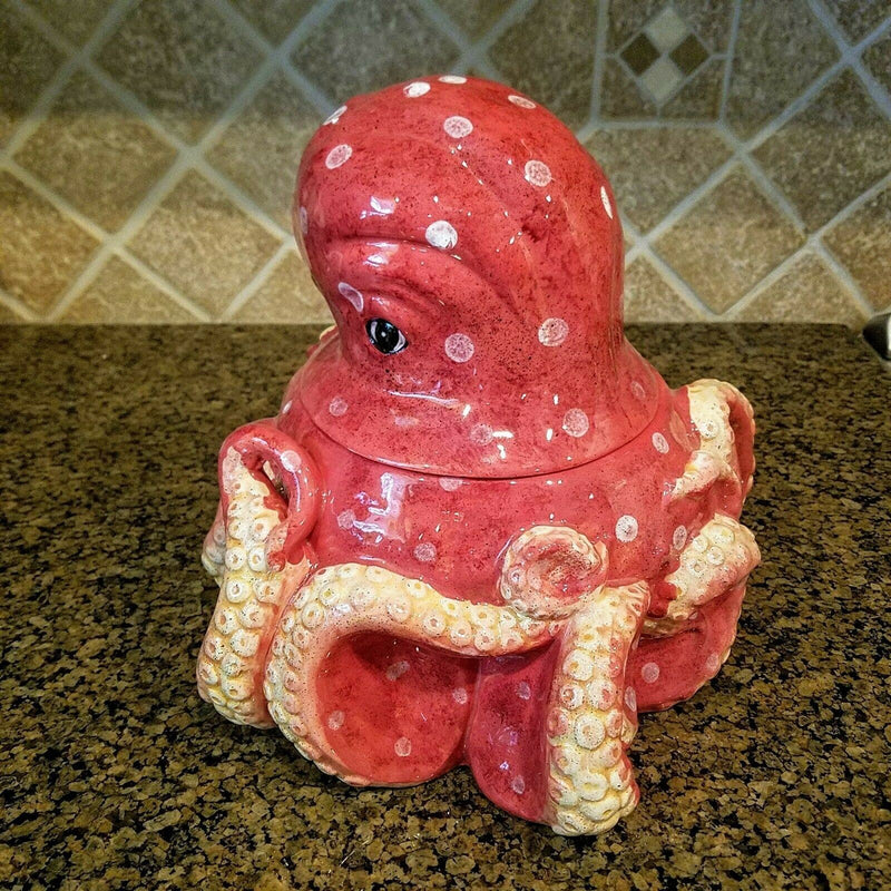 Load image into Gallery viewer, Octopus Red Cookie Jar Container Nautical Sea Animal Ceramic Blue Sky Goldminc