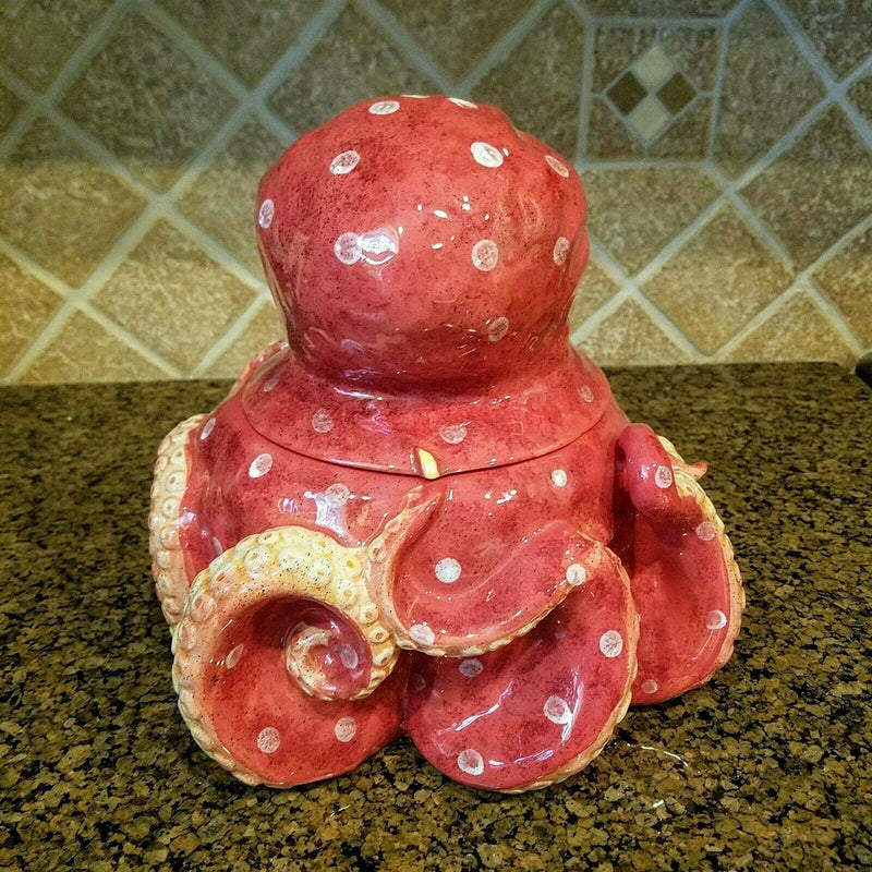 Load image into Gallery viewer, Octopus Red Cookie Jar Container Nautical Sea Animal Ceramic Blue Sky Goldminc