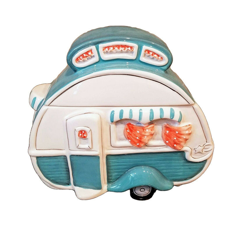 Load image into Gallery viewer, Retro Camper Cookie Jar Turquoise Ceramic Blue Sky Goldminc Kitchen Decor