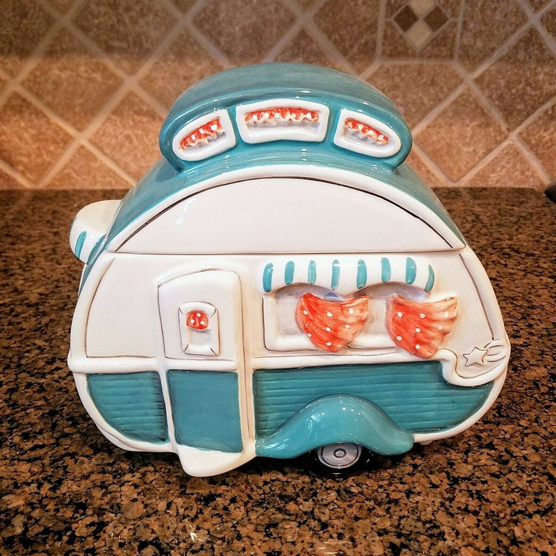 Load image into Gallery viewer, Retro Camper Cookie Jar Turquoise Ceramic Blue Sky Goldminc Kitchen Decor
