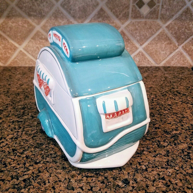 Load image into Gallery viewer, Retro Camper Cookie Jar Turquoise Ceramic Blue Sky Goldminc Kitchen Decor