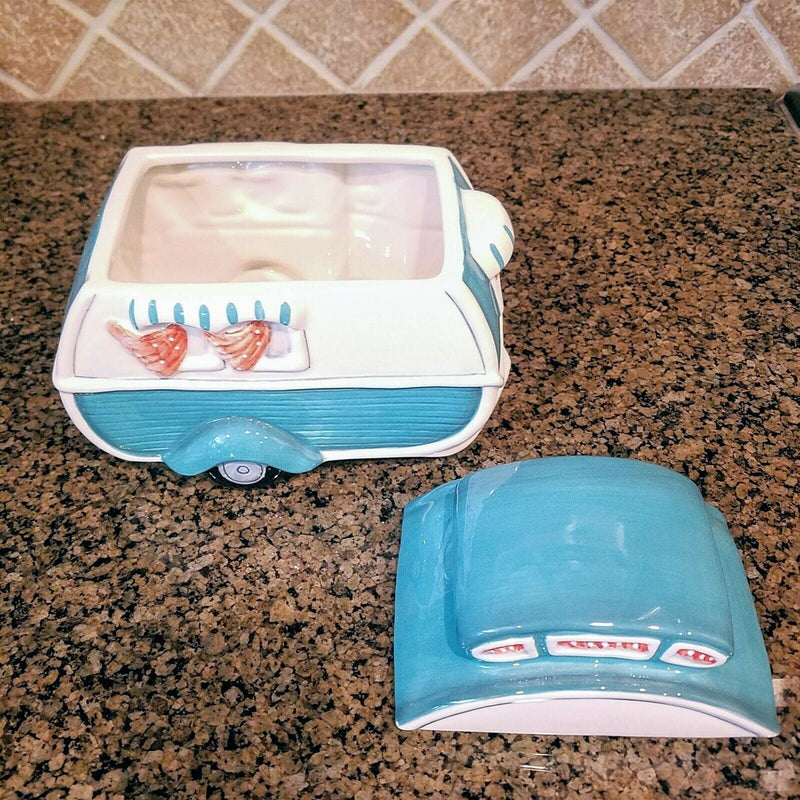 Load image into Gallery viewer, Retro Camper Cookie Jar Turquoise Ceramic Blue Sky Goldminc Kitchen Decor