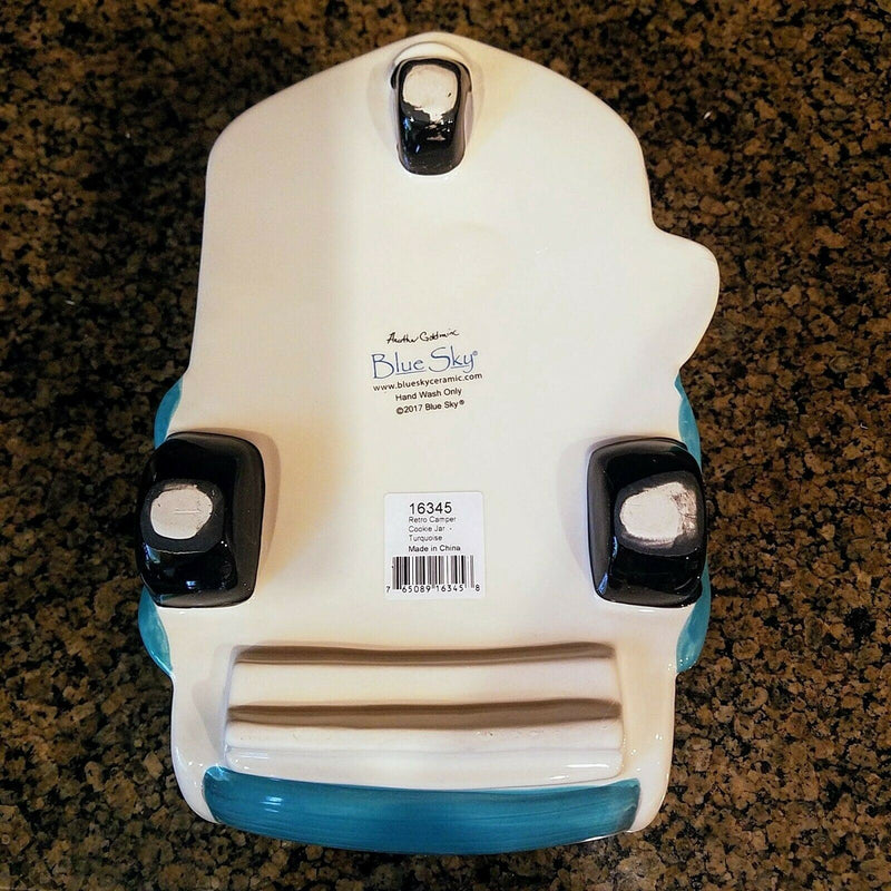 Load image into Gallery viewer, Retro Camper Cookie Jar Turquoise Ceramic Blue Sky Goldminc Kitchen Decor