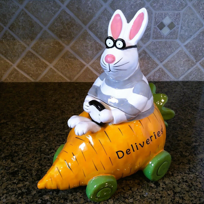 Load image into Gallery viewer, Bunny Carrot Cookie Treat Jar Decorative Easter Home Décor Blue Sky Clayworks