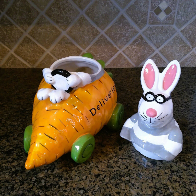 Load image into Gallery viewer, Bunny Carrot Cookie Treat Jar Decorative Easter Home Décor Blue Sky Clayworks