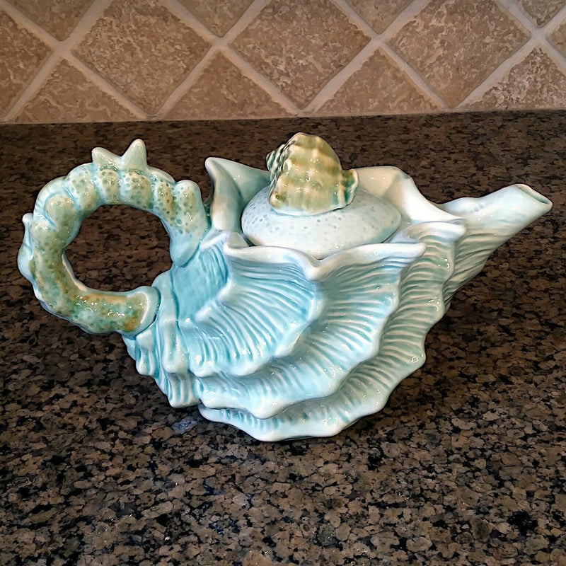 Load image into Gallery viewer, Shell Teapot Blue Decorative Sea Life Conch Cermics Decor Tea Pot by Blue Sky