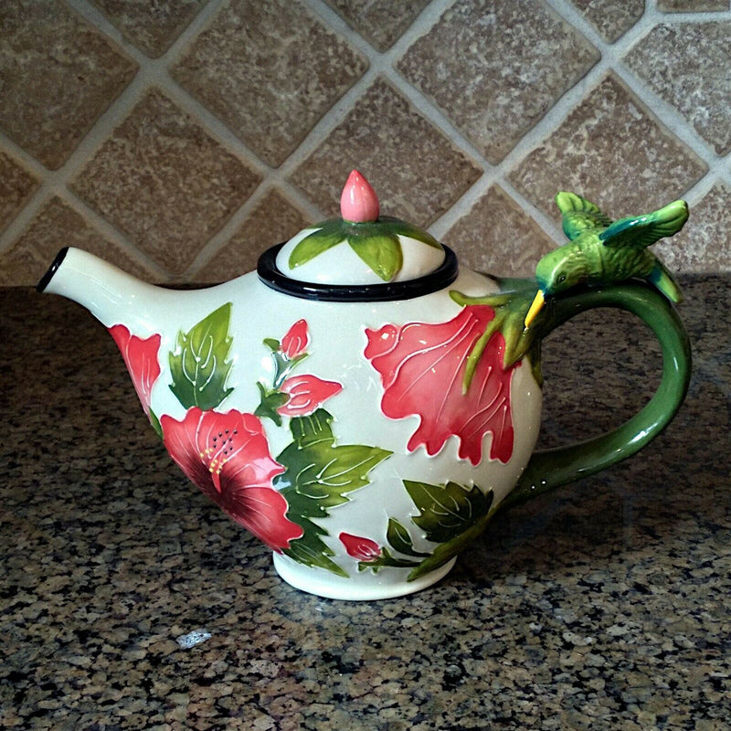 Load image into Gallery viewer, White Hibiscus Teapot Whimsical Floral Ceramic Tea Pot by Blue Sky Goldminic