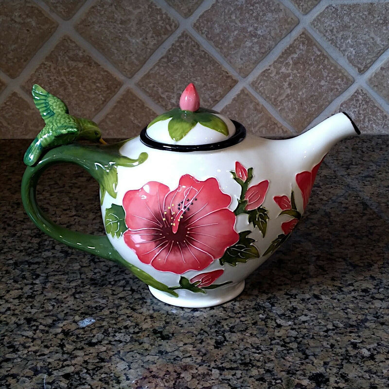 Load image into Gallery viewer, White Hibiscus Teapot Whimsical Floral Ceramic Tea Pot by Blue Sky Goldminic