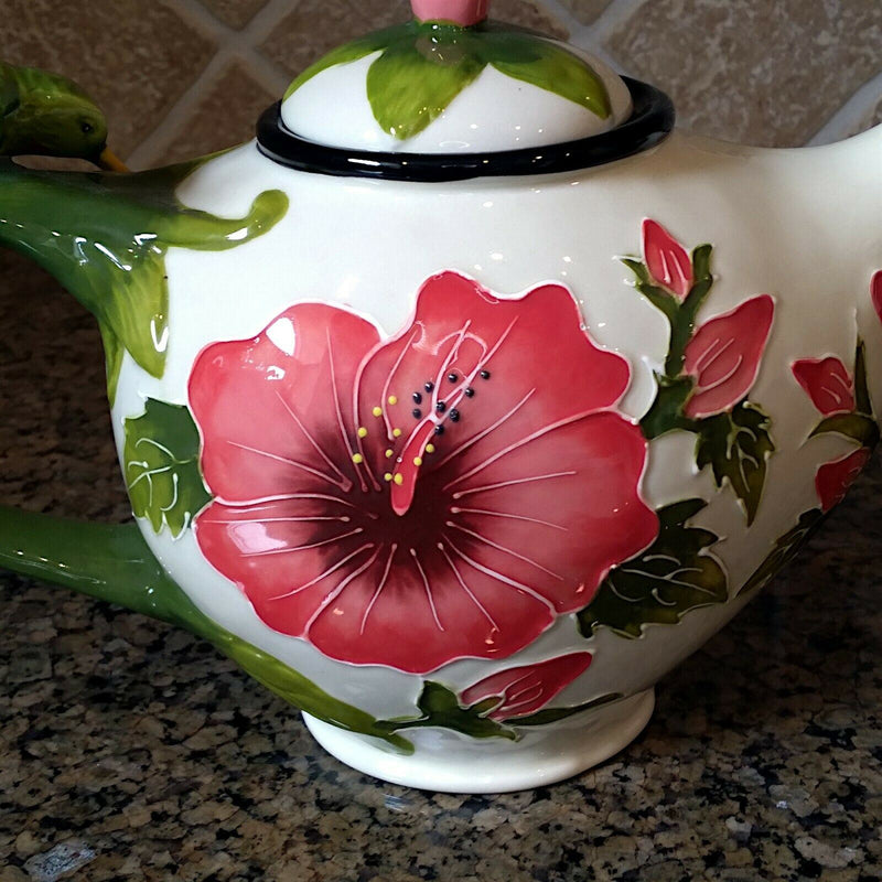 Load image into Gallery viewer, White Hibiscus Teapot Whimsical Floral Ceramic Tea Pot by Blue Sky Goldminic