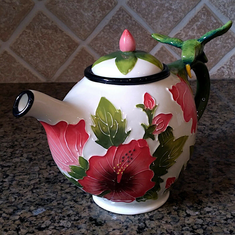 Load image into Gallery viewer, White Hibiscus Teapot Whimsical Floral Ceramic Tea Pot by Blue Sky Goldminic