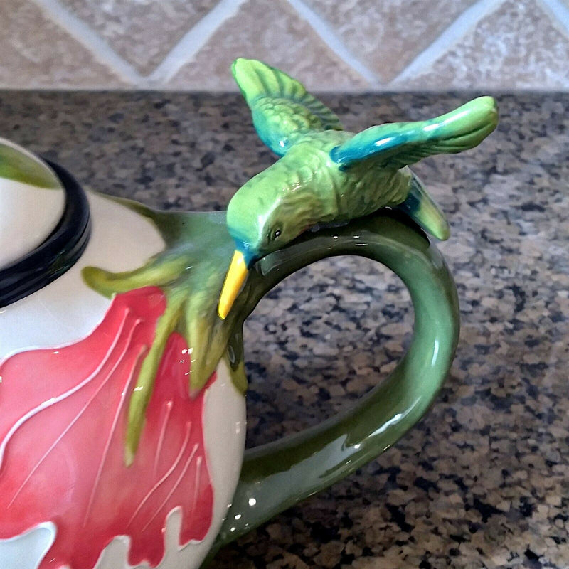 Load image into Gallery viewer, White Hibiscus Teapot Whimsical Floral Ceramic Tea Pot by Blue Sky Goldminic
