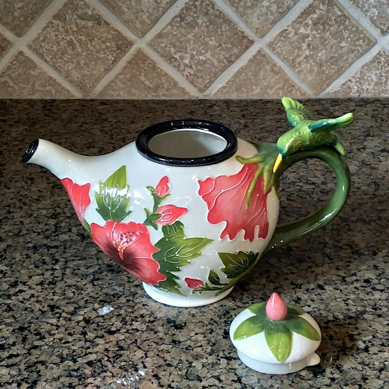 Load image into Gallery viewer, White Hibiscus Teapot Whimsical Floral Ceramic Tea Pot by Blue Sky Goldminic