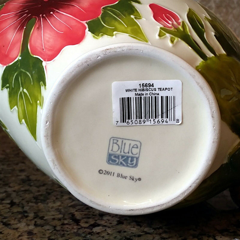 Load image into Gallery viewer, White Hibiscus Teapot Whimsical Floral Ceramic Tea Pot by Blue Sky Goldminic