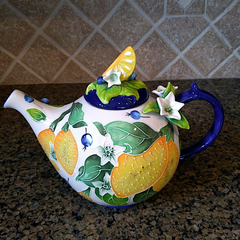 Load image into Gallery viewer, Lemon Floral Teapot Kitchen Decorative Collectable Flower Blue Sky Goldminic